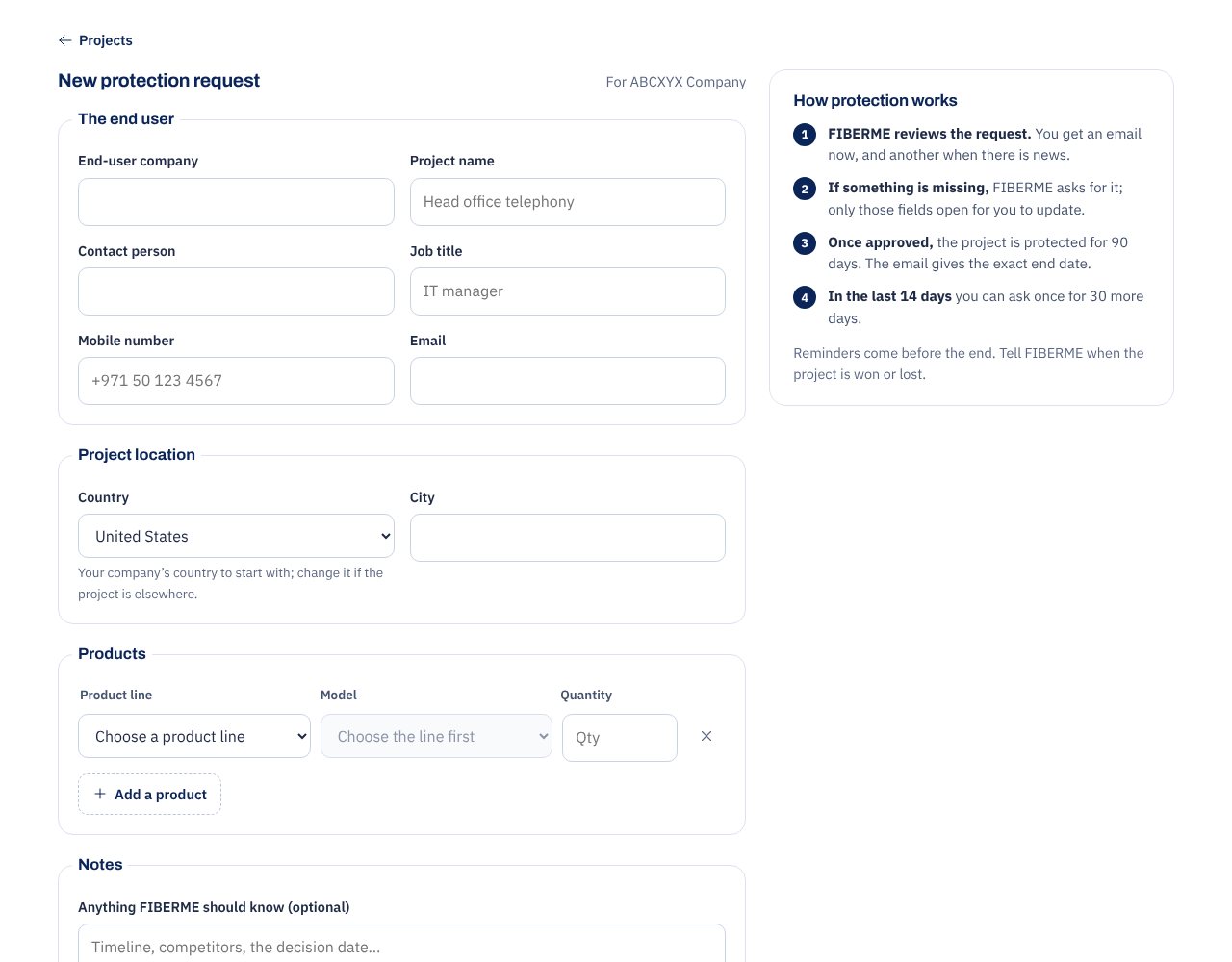 The New protection request form