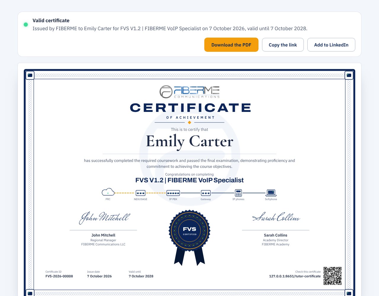 A certificate page with Download the PDF, Copy the link and Add to LinkedIn
