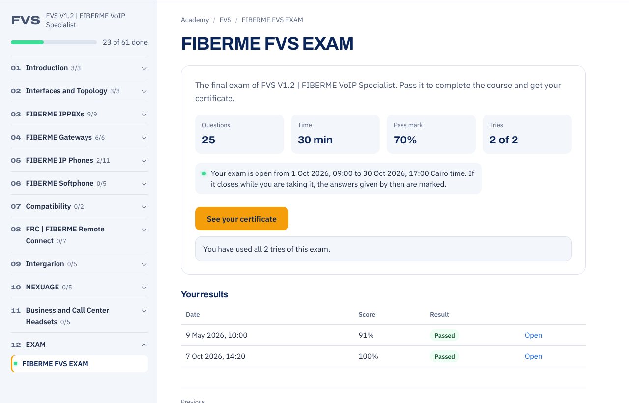 The exam page: questions, time, pass mark, tries and your results