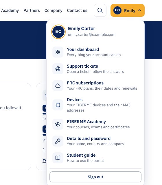 The account menu at the top right of every page