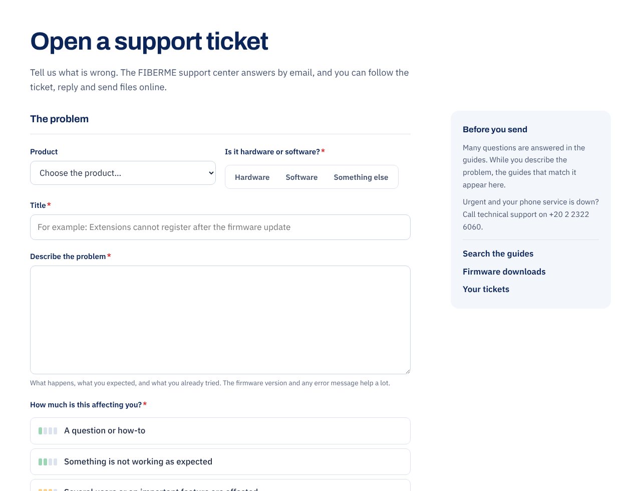 The Open a support ticket form