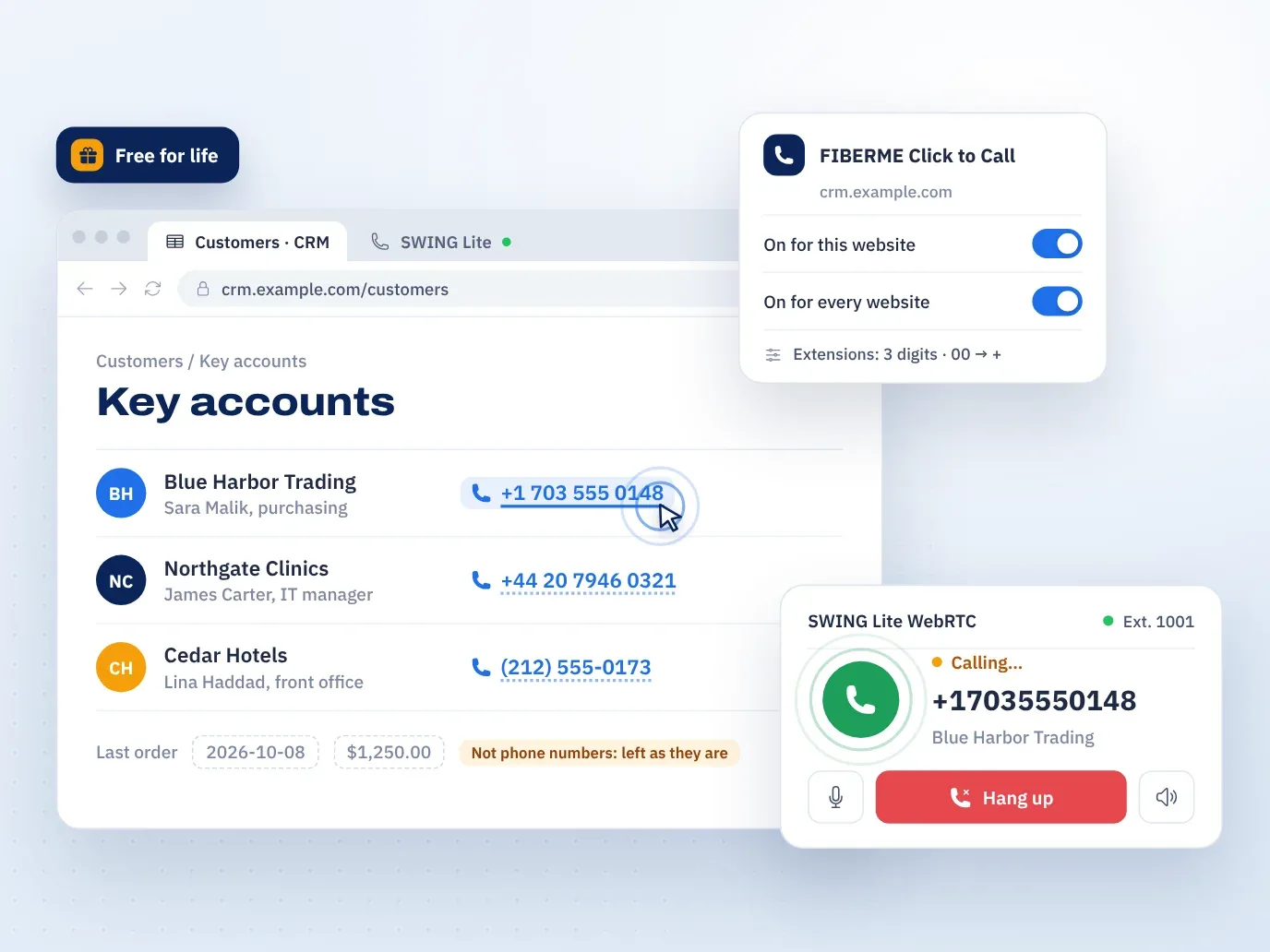 Phone numbers in a CRM turned into links by FIBERME Click to Call, and a call starting in SWING Lite WebRTC