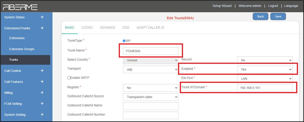Screenshot: Create SIP Trunk on FCM5404