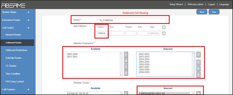 Screenshot: Configure Outbound Routes on FCM5404