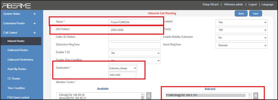 Screenshot: Configure Inbound Routes on FCM5404