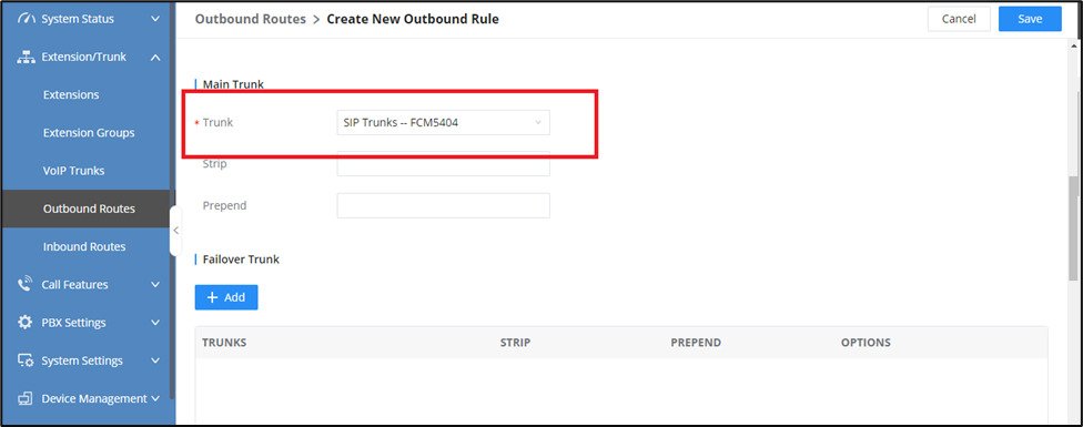 Screenshot: Configure Outbound Routes on FCM630A