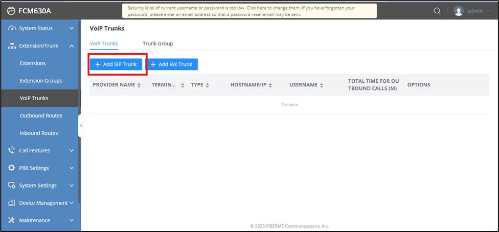 Screenshot: Create SIP Trunk on FCM630A
