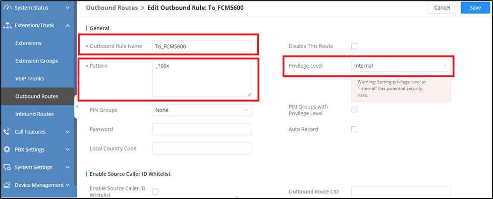 Screenshot: Configure Outbound Routes on FCM630A