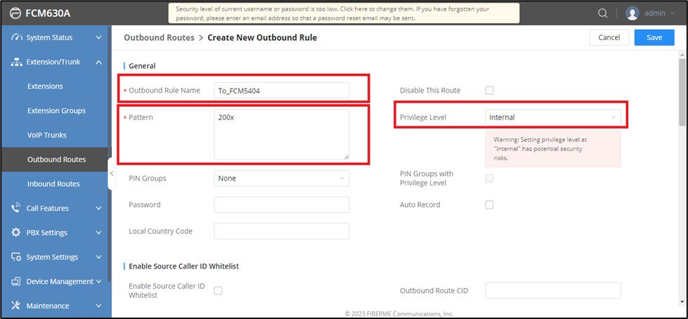 Screenshot: Configure Outbound Routes on FCM630A