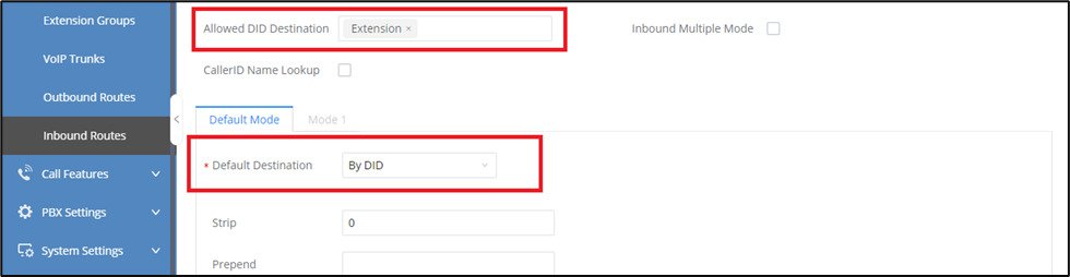 Screenshot: Configure Inbound Routes on FCM630A