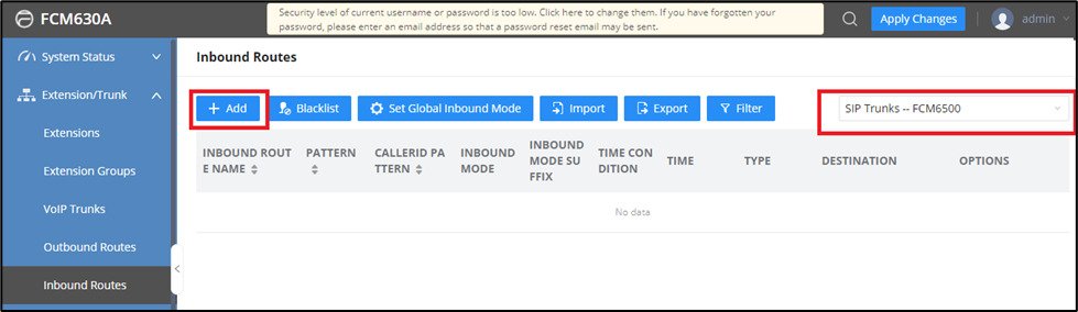 Screenshot: Configure Inbound Routes on FCM630A