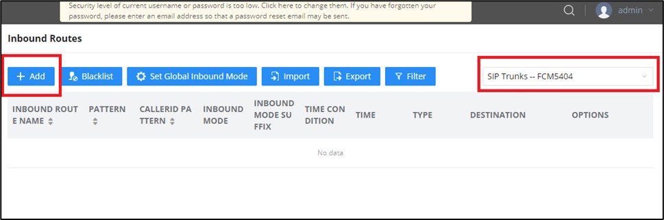 Screenshot: Configure Inbound Routes on FCM630A