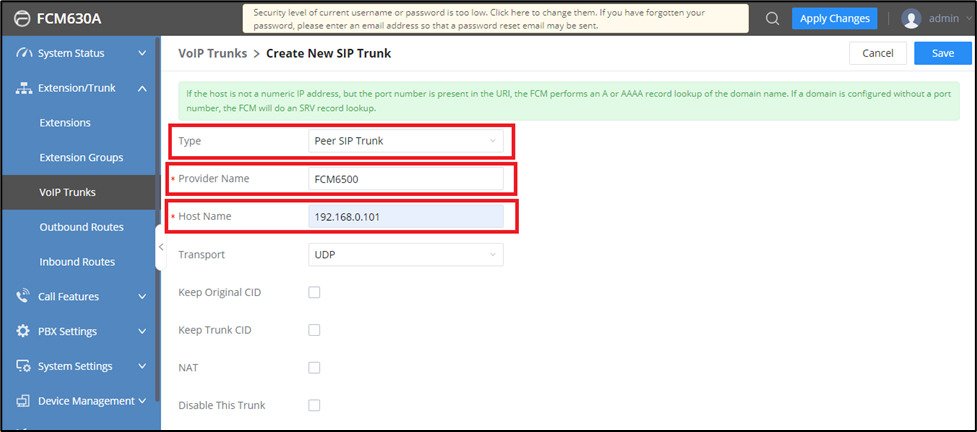 Screenshot: Create SIP Trunk on FCM630A