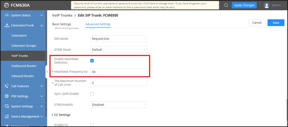 Screenshot: Create SIP Trunk on FCM630A