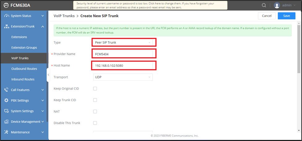 Screenshot: Create SIP Trunk on FCM630A