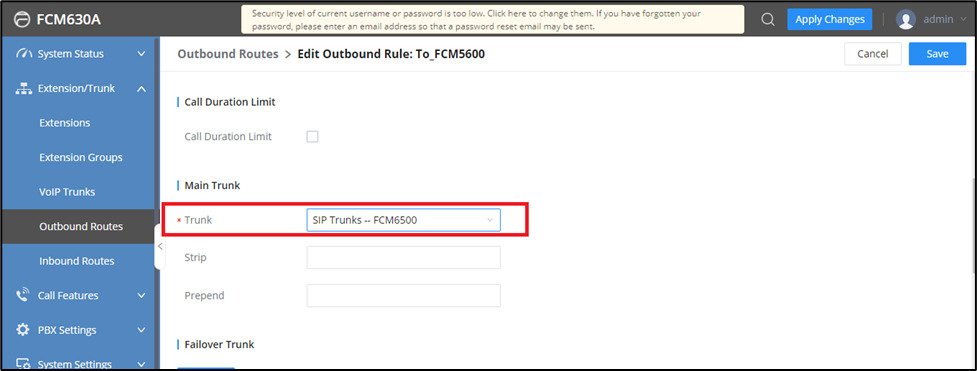 Screenshot: Configure Outbound Routes on FCM630A