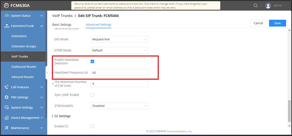 Screenshot: Create SIP Trunk on FCM630A