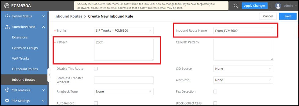 Screenshot: Configure Inbound Routes on FCM630A