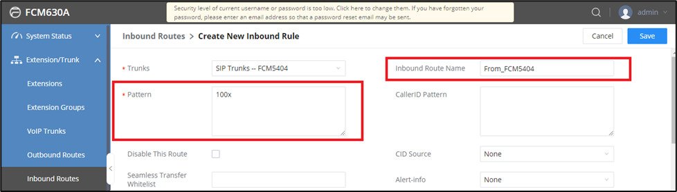Screenshot: Configure Inbound Routes on FCM630A