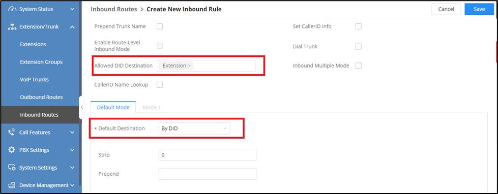 Screenshot: Configure Inbound Routes on FCM630A