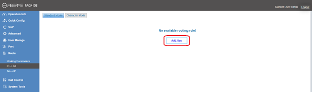 Screenshot: Configure IP to Tel on FAG410X