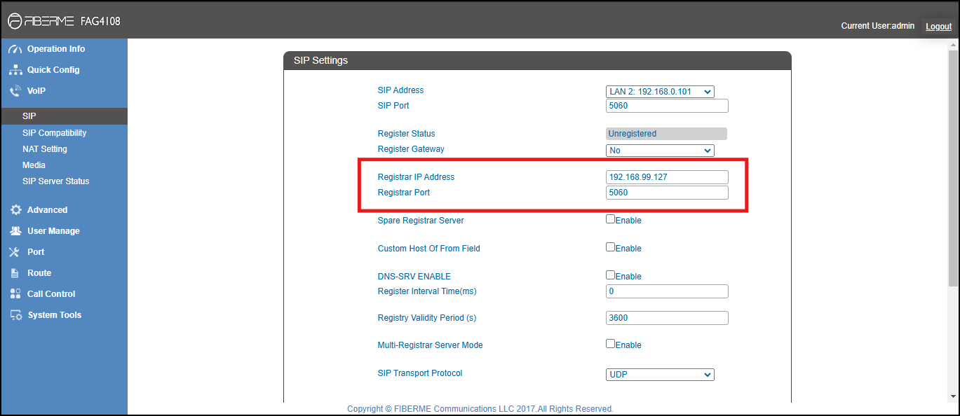 Screenshot: Connect FAG410X with FreePBX