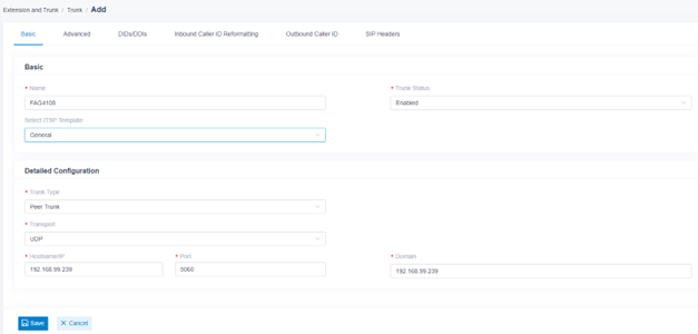 Screenshot: Create Peer SIP TRUNK On P550