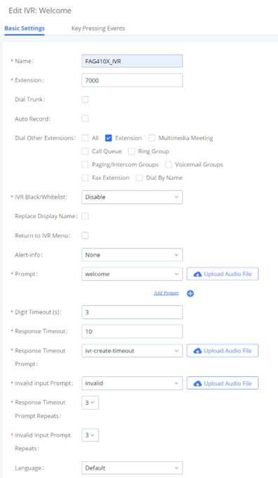 Screenshot: Create IVR On FCM630A