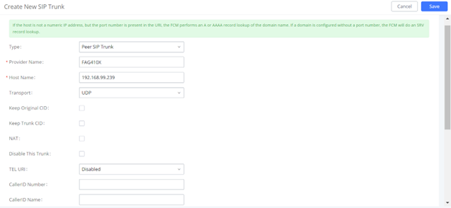 Screenshot: Create Peer SIP TRUNK On FCM630A