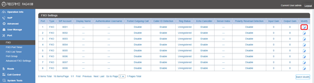 Screenshot: Configure FXO Port on FAG410X