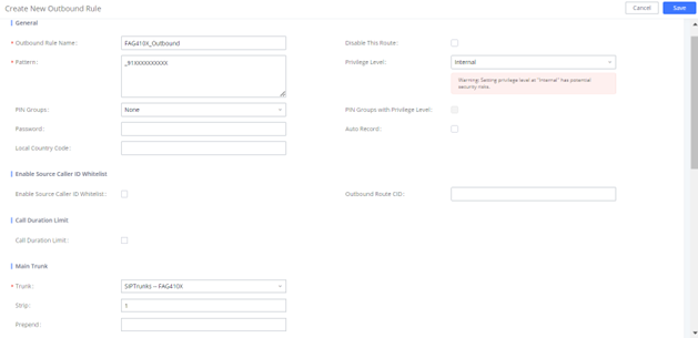Screenshot: Configure Outbound Rule on FCM630A