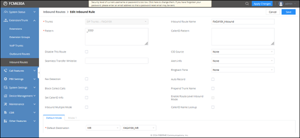 Screenshot: Configure Inbound Rule on FCM630A