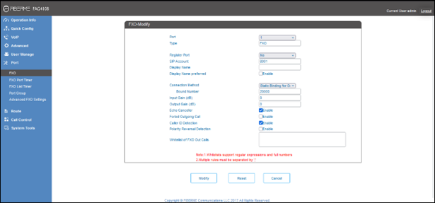 Screenshot: Configure FXO Port on FAG410X
