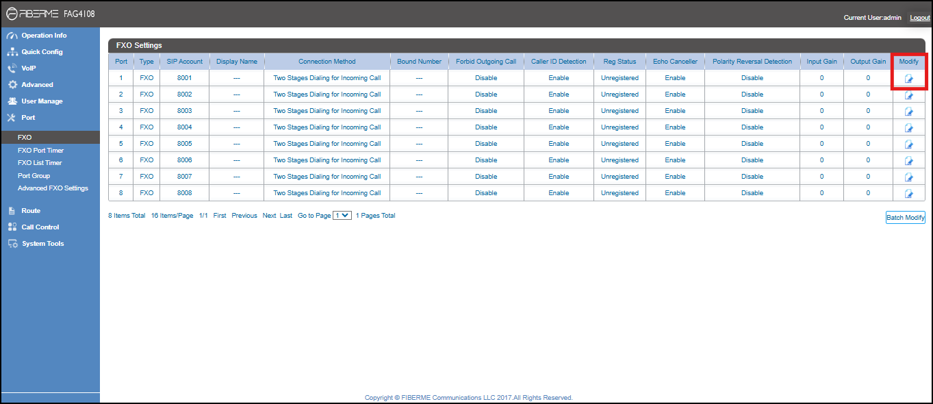 Screenshot: Configure FXO Port on FAG410X