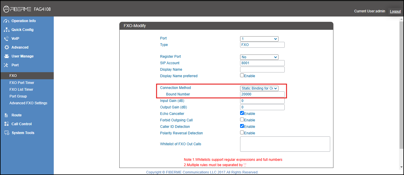 Screenshot: Configure FXO Port on FAG410X