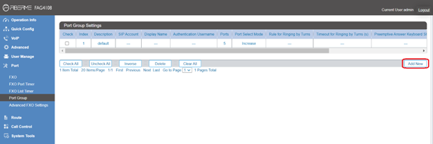 Screenshot: Create Port Group on FAG410X