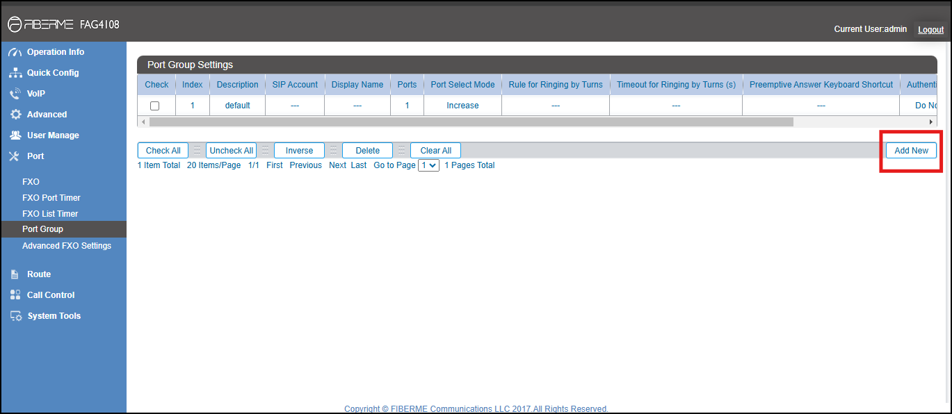 Screenshot: Create Port Group on FAG410X