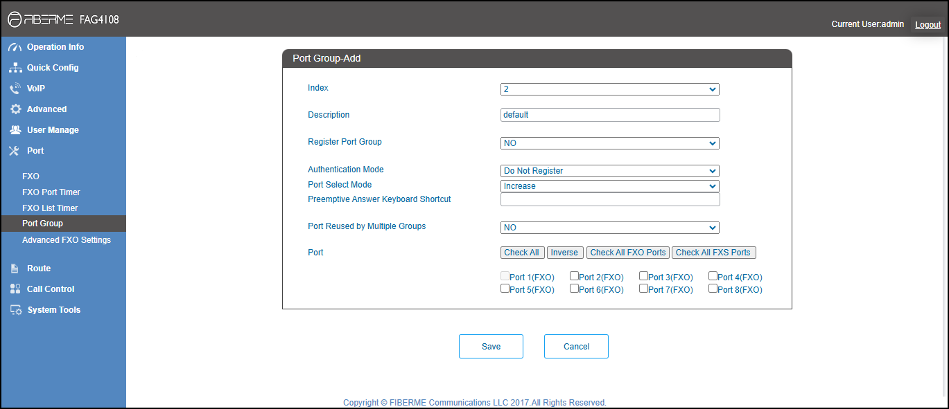 Screenshot: Create Port Group on FAG410X