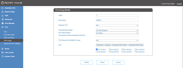 Screenshot: Create Port Group on FAG410X