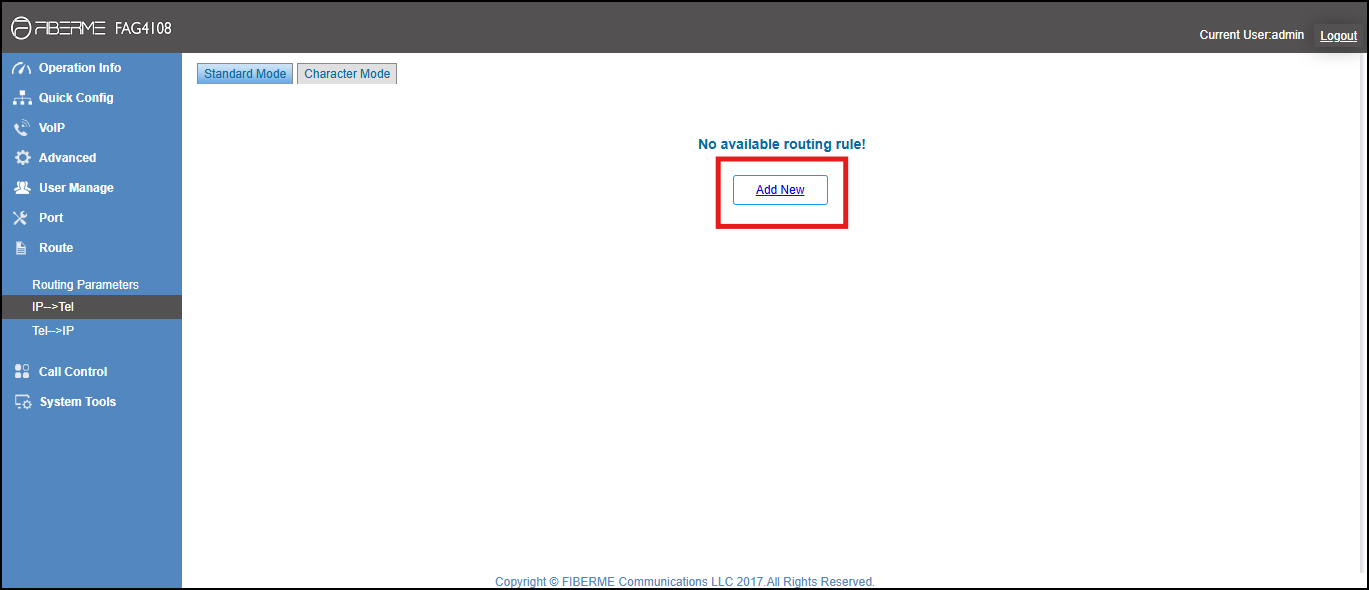 Screenshot: Configure IP to Tel on FAG410X