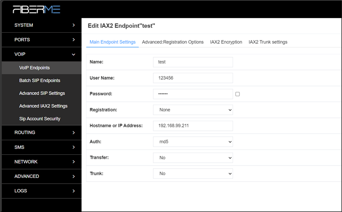 Screenshot: 4.1.2 Add New IAX2 Endpoint
