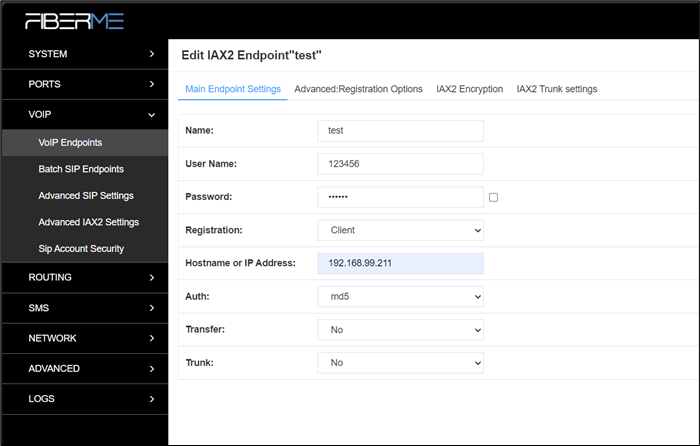 Screenshot: 4.1.2 Add New IAX2 Endpoint