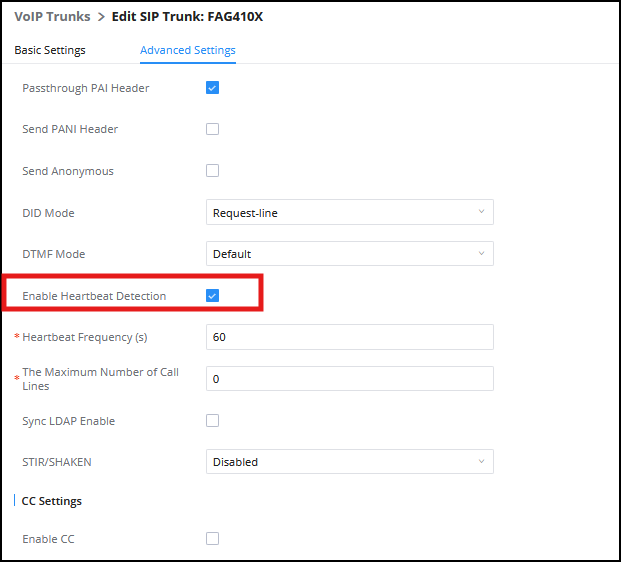 Screenshot: Create Peer SIP TRUNK On FCM630A