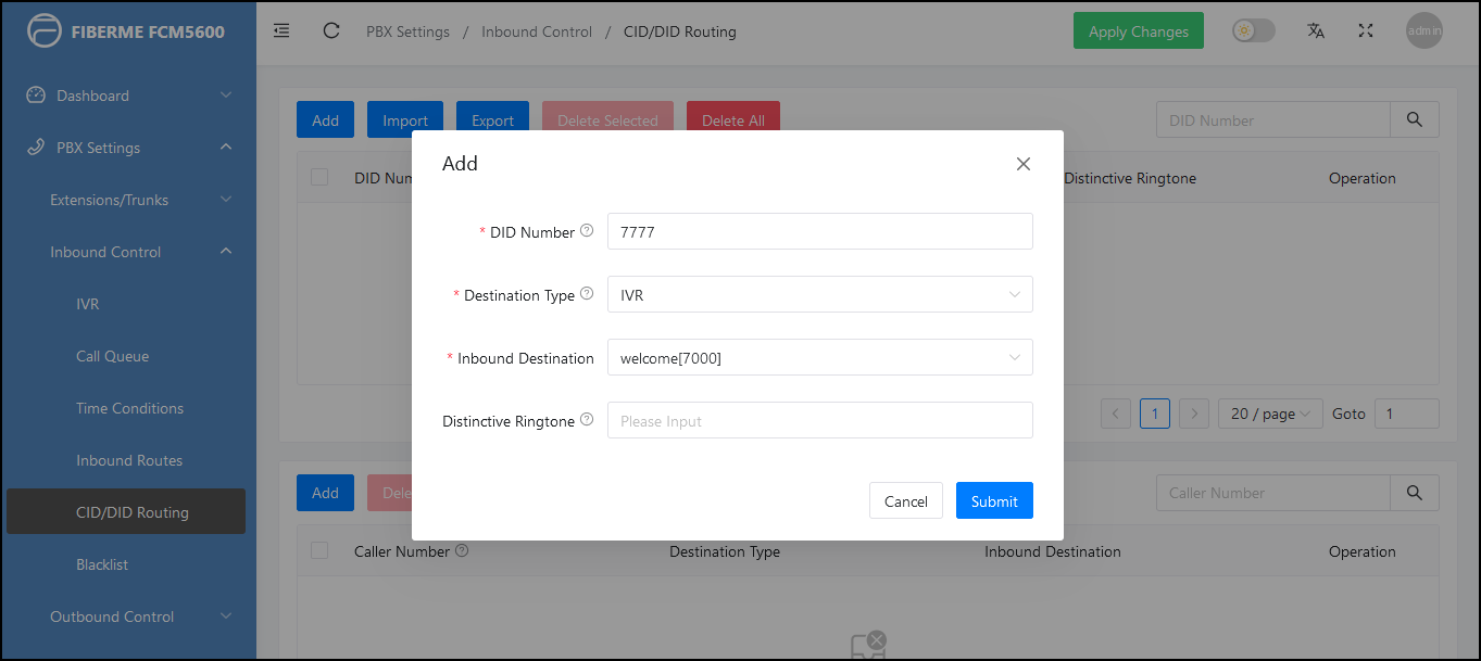 Screenshot: 1.4 – Configure Inbound Routes on FCM5600
