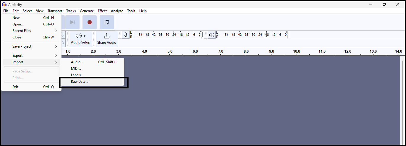 Screenshot: 2.Import Raw Audio File into Audacity