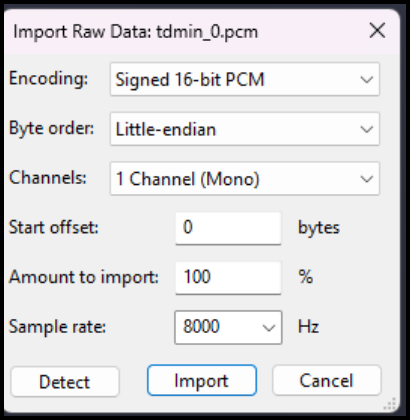 Screenshot: 3. Select the audio file to open (as pstn_bus_0.pcm).