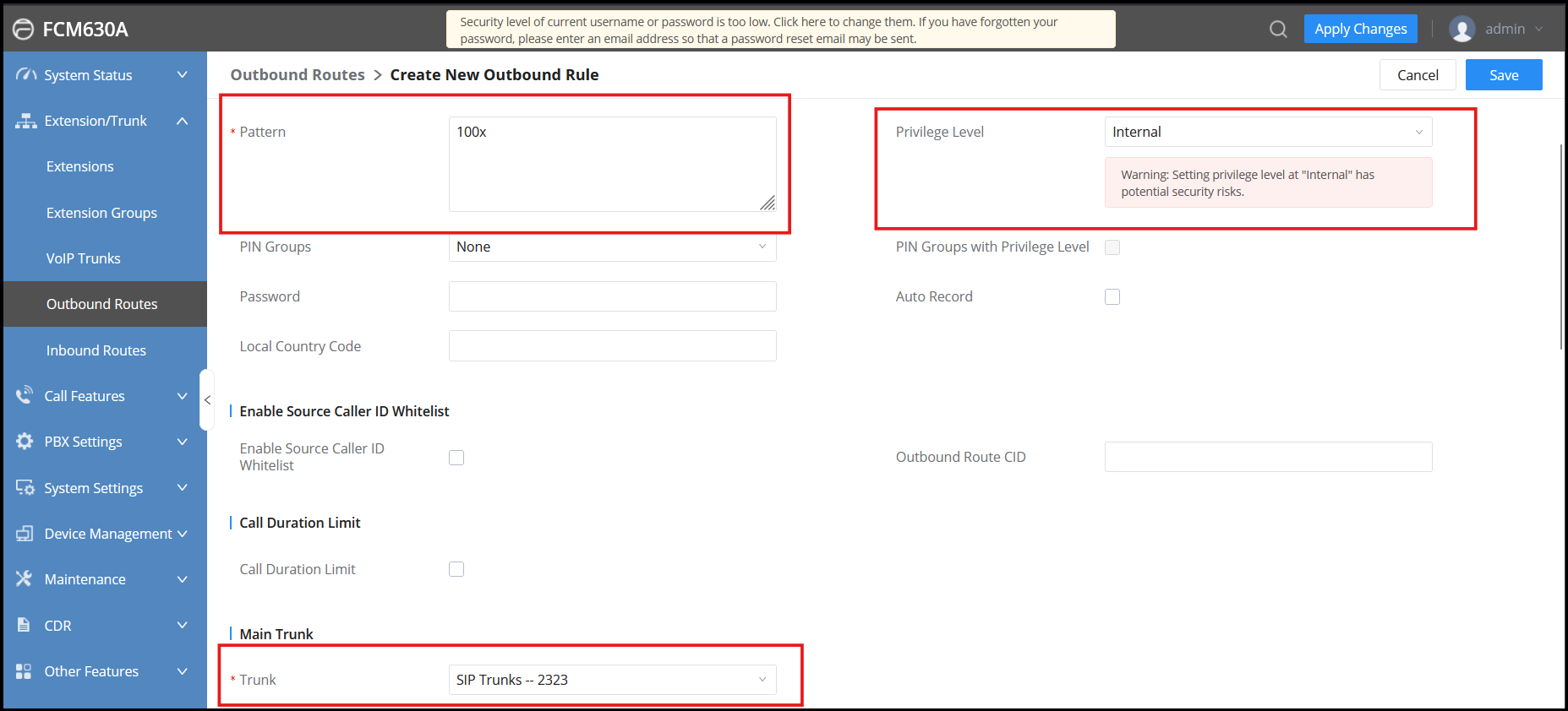 Screenshot: Configure Outbound Routes on FCM630A