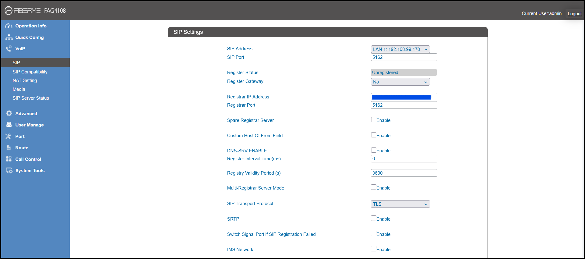 Screenshot: FAG4104/8 (FXO Gateway)