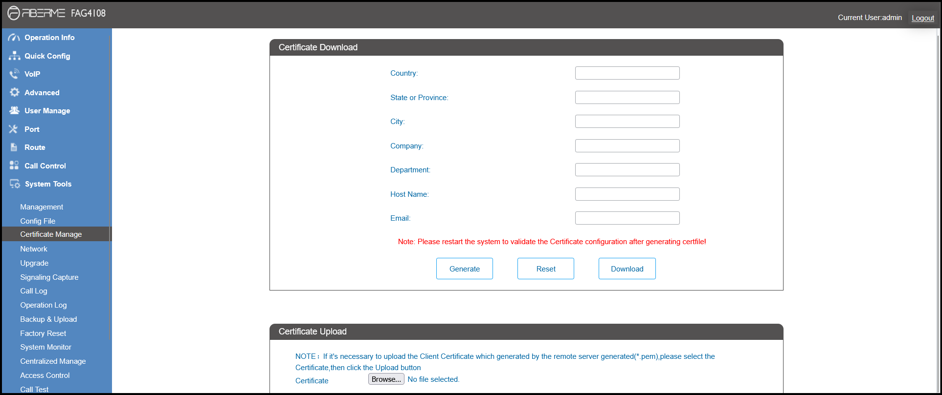 Screenshot: FAG4104/8 (FXO Gateway)