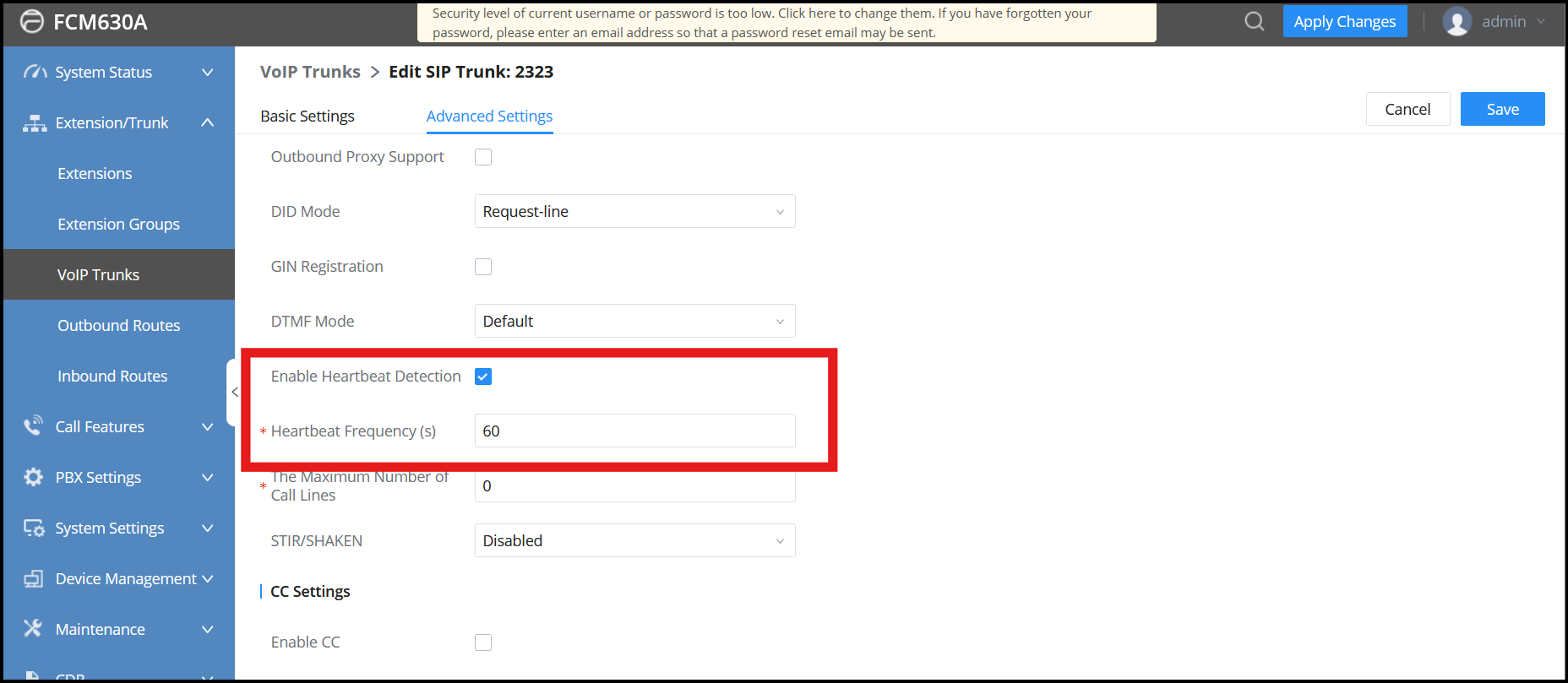 Screenshot: Create SIP Trunk on FCM630A